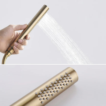 Brushed Gold Exposed Rainfall Shower Fixture with Handshower & Tub Filler Solid Brass - 