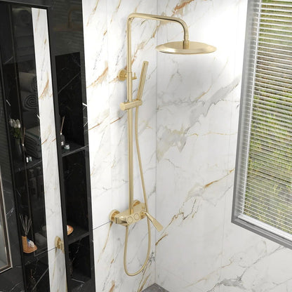 Brushed Gold Exposed Rainfall Shower Fixture with Handshower & Tub Filler Solid Brass - 