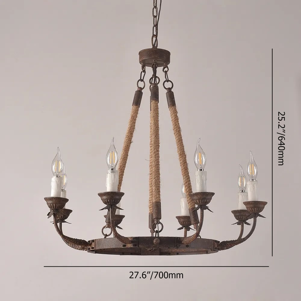 Candlely Rustic Iron Flaxen Hemp Rope & Metal 8-Light Round Candelabra Chandelier Rust - 