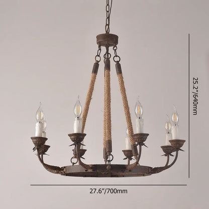 Candlely Rustic Iron Flaxen Hemp Rope & Metal 8-Light Round Candelabra Chandelier Rust - 