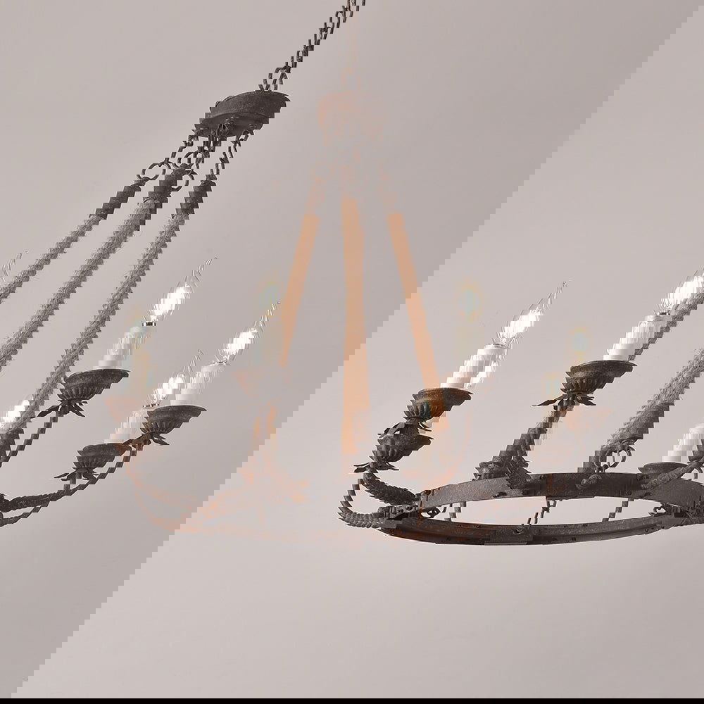 Candlely Rustic Iron Flaxen Hemp Rope & Metal 8-Light Round Candelabra Chandelier Rust - 