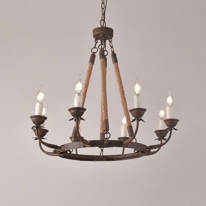 Candlely Rustic Iron Flaxen Hemp Rope & Metal 8-Light Round Candelabra Chandelier Rust - 