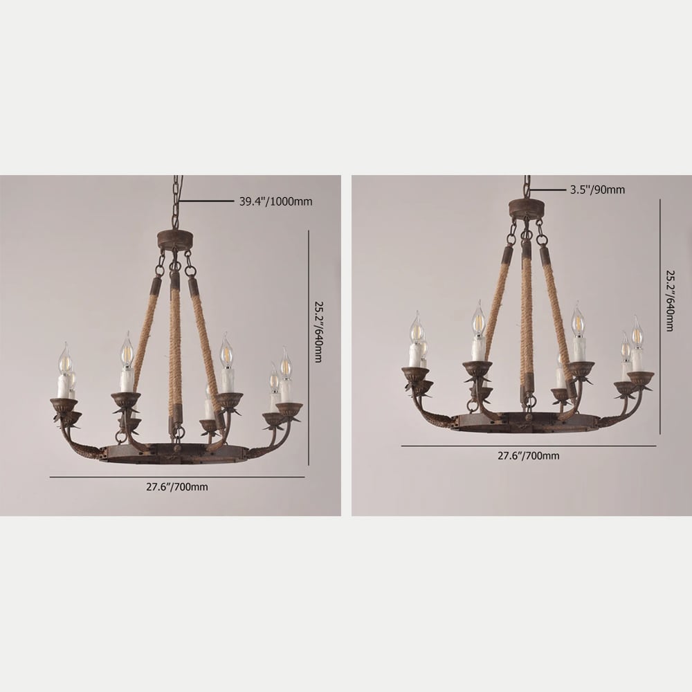 Candlely Rustic Iron Flaxen Hemp Rope & Metal 8-Light Round Candelabra Chandelier Rust - 