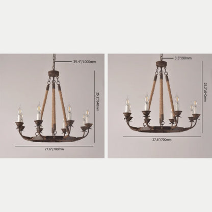 Candlely Rustic Iron Flaxen Hemp Rope & Metal 8-Light Round Candelabra Chandelier Rust - 