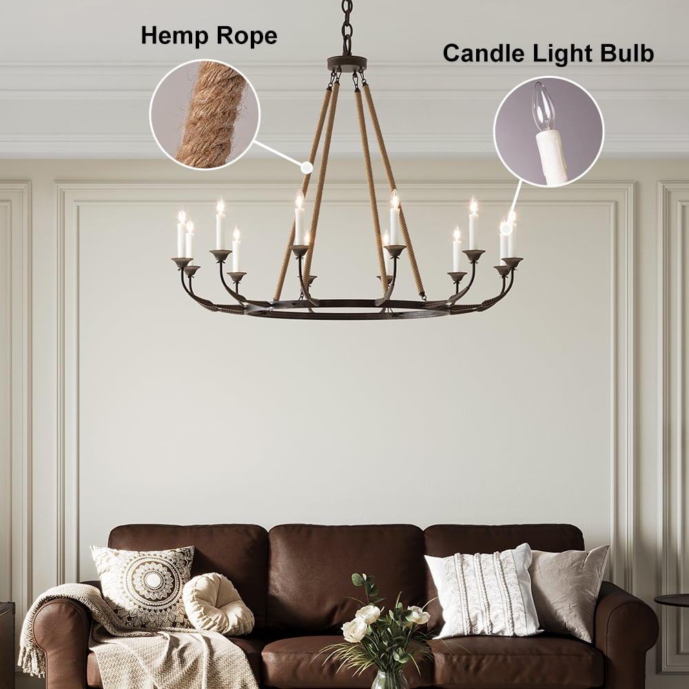 Candlely Rustic Iron Flaxen Hemp Rope & Metal 8-Light Round Candelabra Chandelier Rust - 