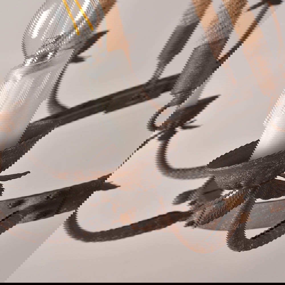 Candlely Rustic Iron Flaxen Hemp Rope & Metal 8-Light Round Candelabra Chandelier Rust - 