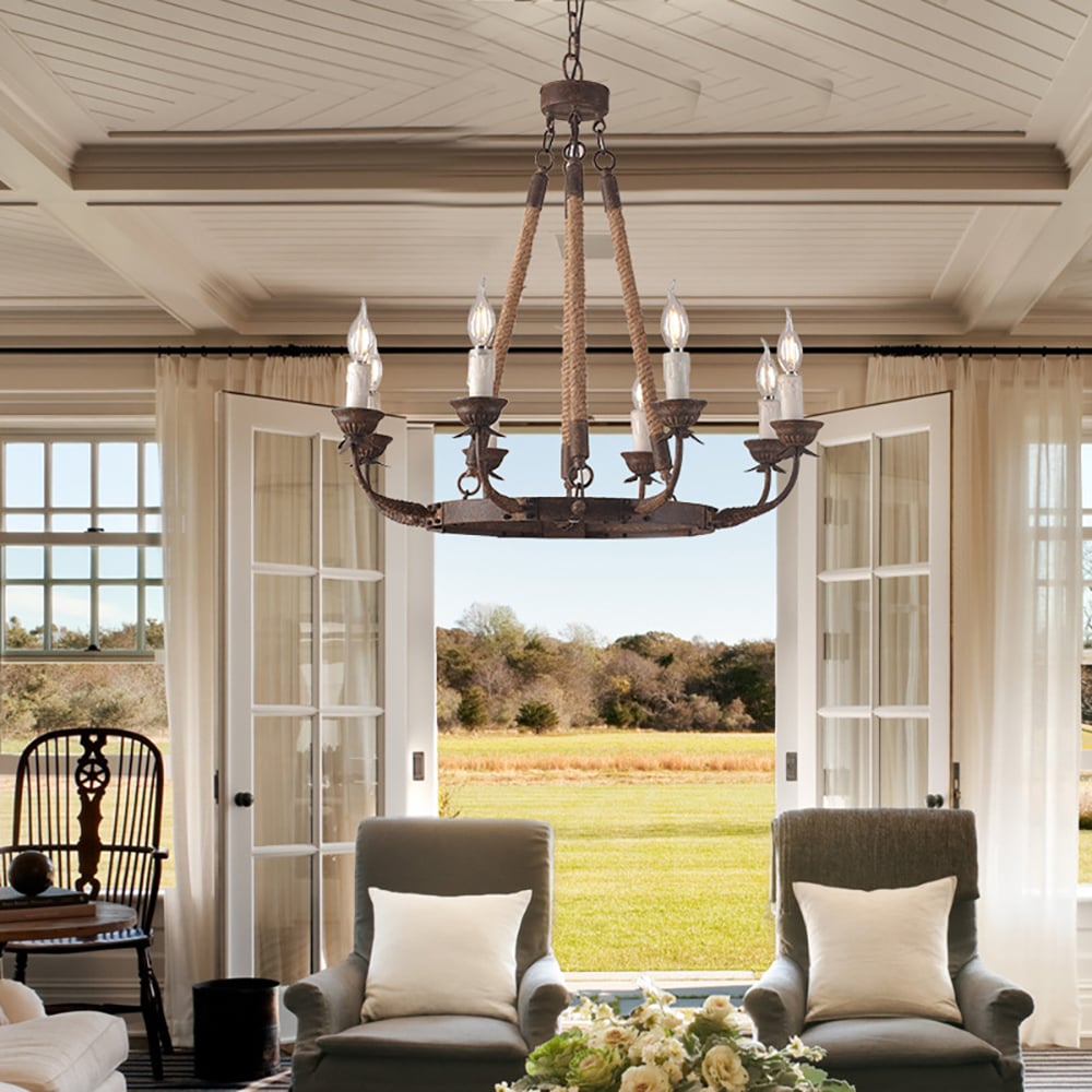 Candlely Rustic Iron Flaxen Hemp Rope & Metal 8-Light Round Candelabra Chandelier Rust - 