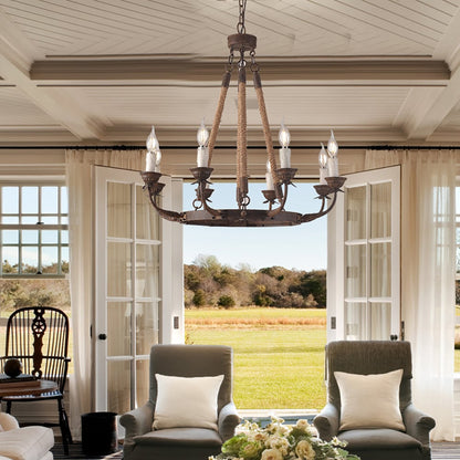 Candlely Rustic Iron Flaxen Hemp Rope & Metal 8-Light Round Candelabra Chandelier Rust - 