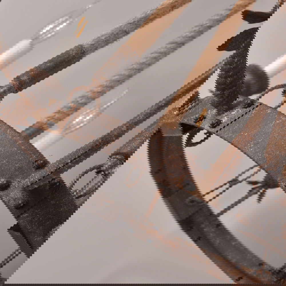 Candlely Rustic Iron Flaxen Hemp Rope & Metal 8-Light Round Candelabra Chandelier Rust - 