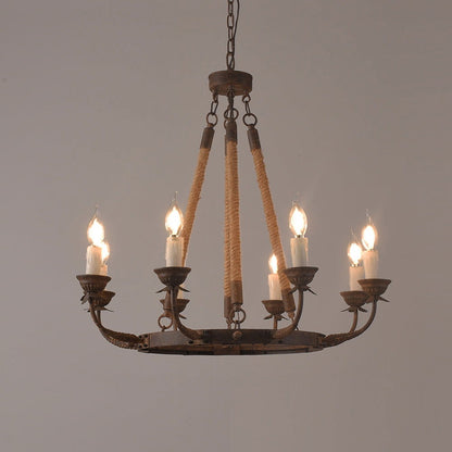 Candlely Rustic Iron Flaxen Hemp Rope & Metal 8-Light Round Candelabra Chandelier Rust - 