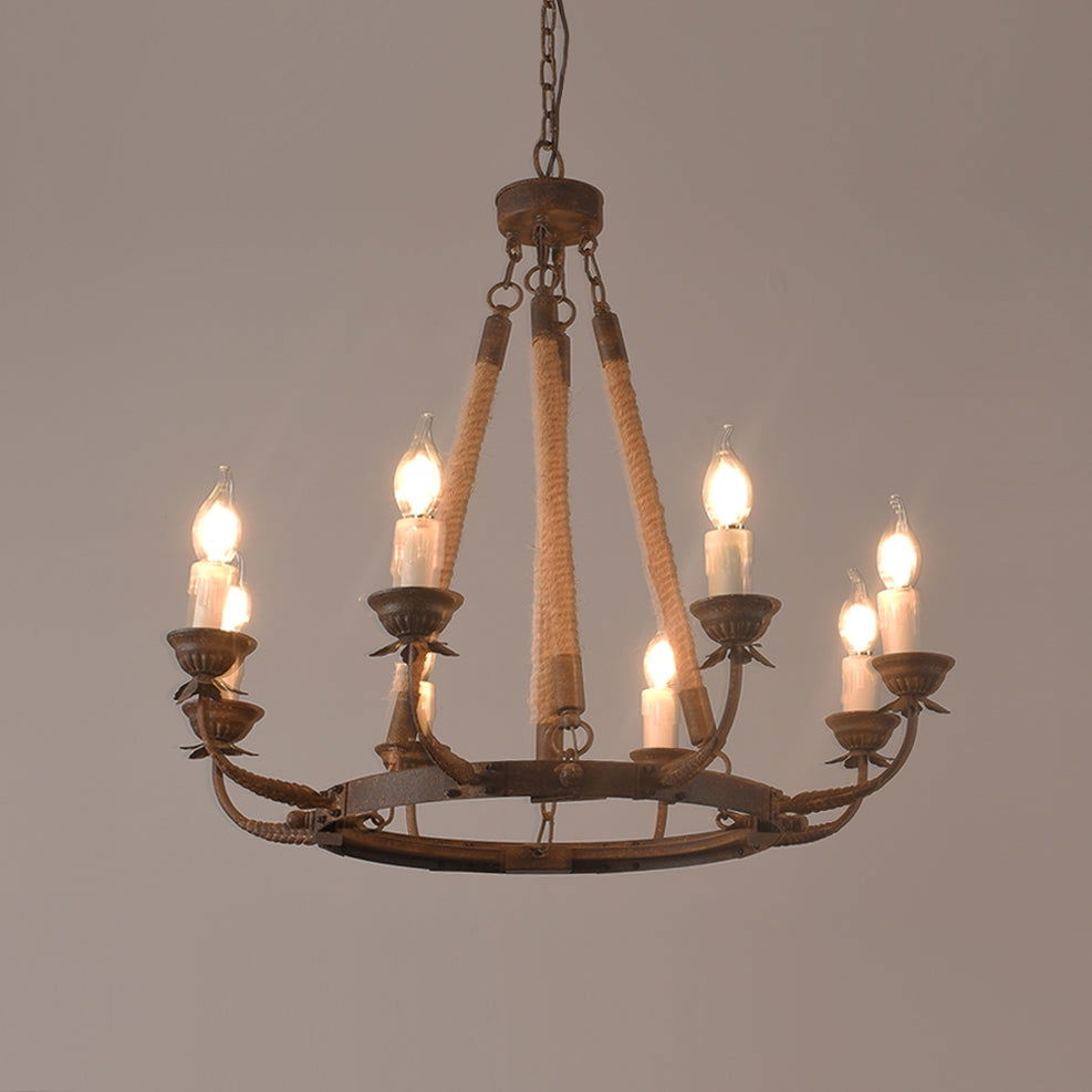 Candlely Rustic Iron Flaxen Hemp Rope & Metal 8-Light Round Candelabra Chandelier Rust - Homary
