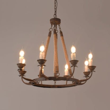 Candlely Rustic Iron Flaxen Hemp Rope & Metal 8-Light Round Candelabra Chandelier Rust - Homary