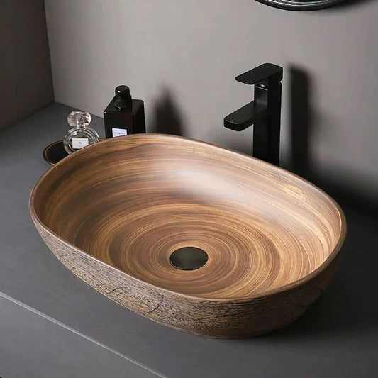 Ceramic Oval Bathroom Vessel Sink Retro Washbasin - 