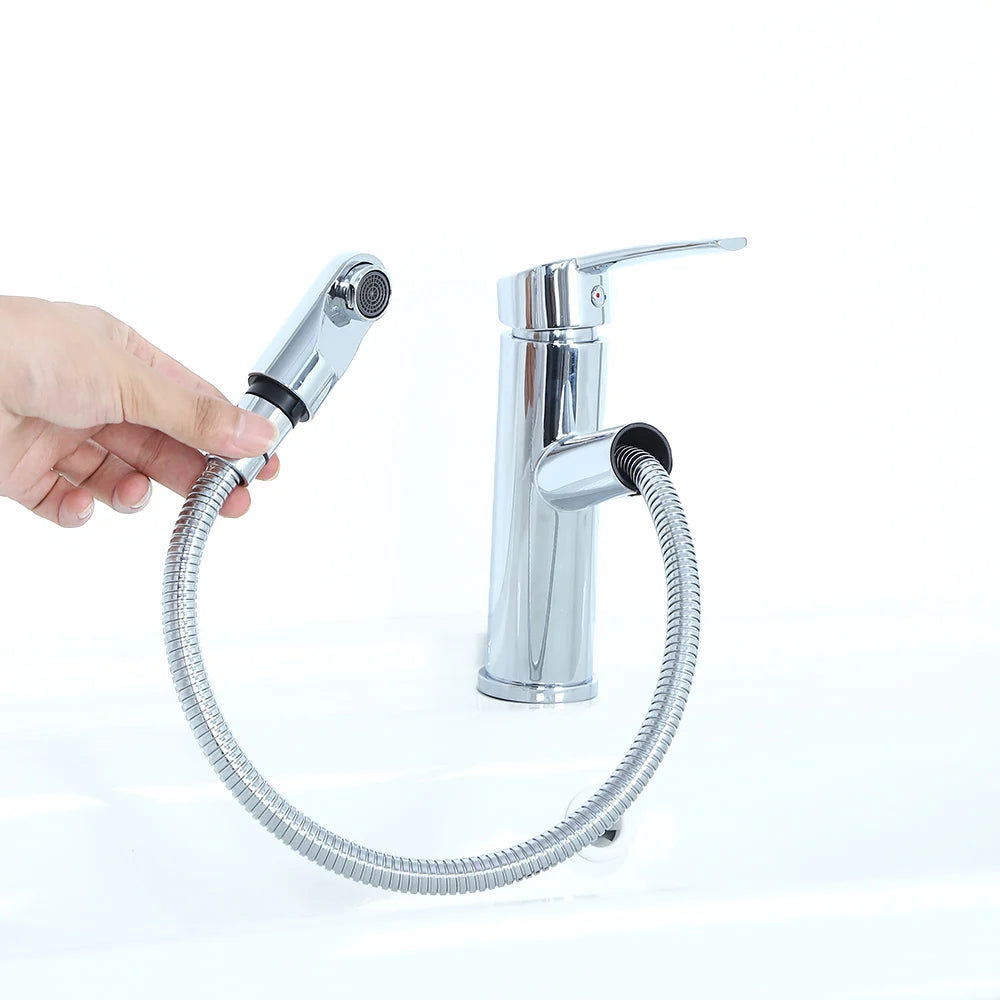 Chaf Contemporary Single Lever Handle Bathroom Tap with Pullout Spray in Polished Chrome - Homary
