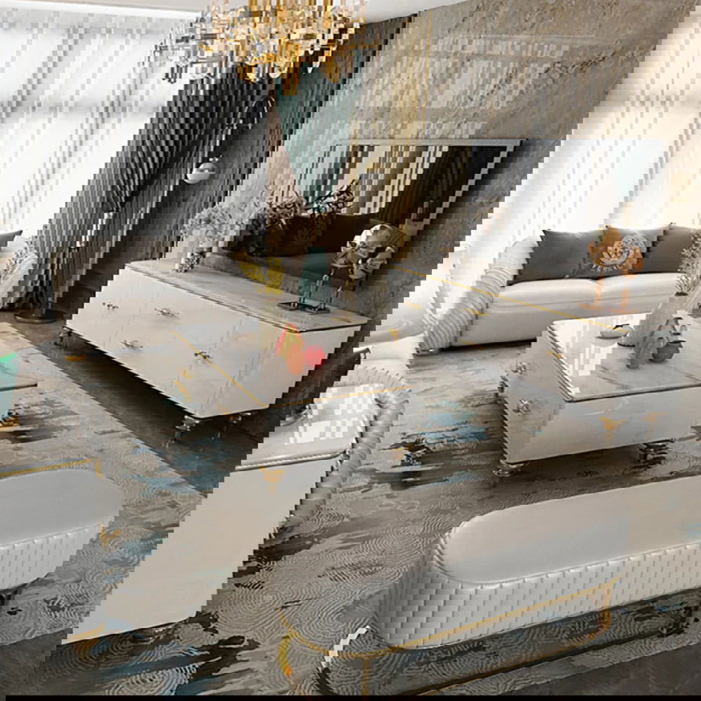 Chift Modern White TV Stand 4-Door 2-Drawer Luxurious Media Console for TV Up to 85 Inch - 