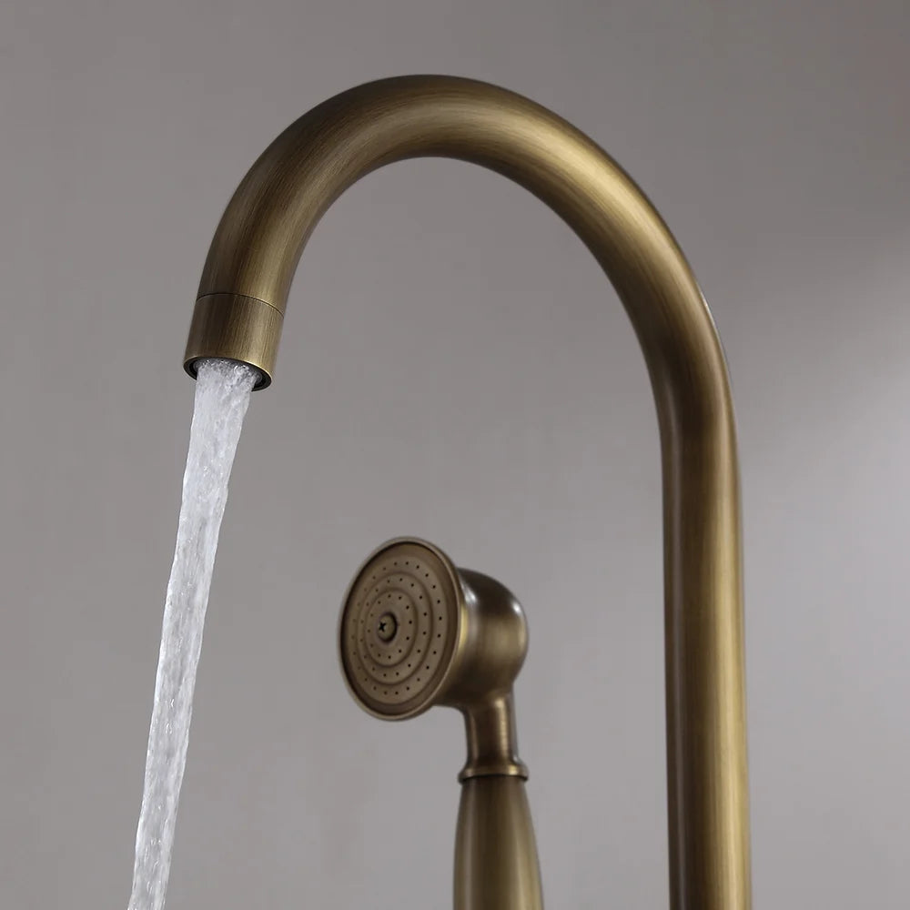 Classic Single Lever Handle Swivel Spout Freestanding Bath Tap Handshower Solid Brass - 