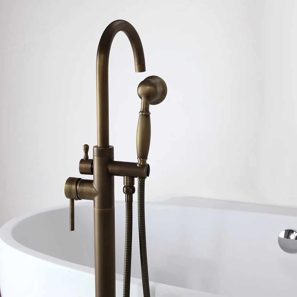 Classic Single Lever Handle Swivel Spout Freestanding Bath Tap Handshower Solid Brass - 