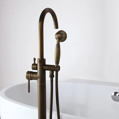 Classic Single Lever Handle Swivel Spout Freestanding Bath Tap Handshower Solid Brass - 