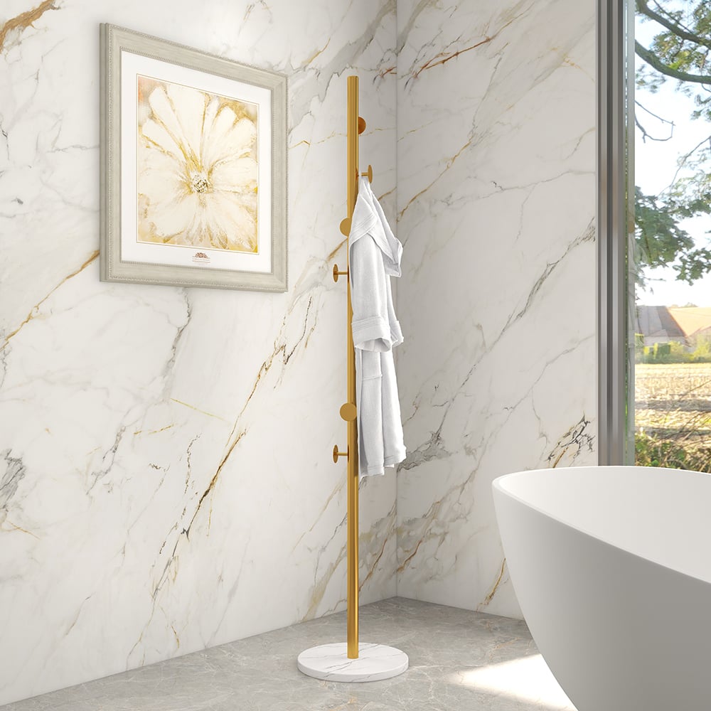 Coat Rack Brass Gold Round Hooks Entryway Freestanding Coat Hanger Marble Base - 