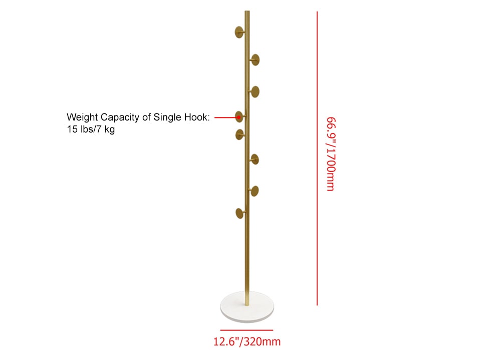 Coat Rack Brass Gold Round Hooks Entryway Freestanding Coat Hanger Marble Base - 
