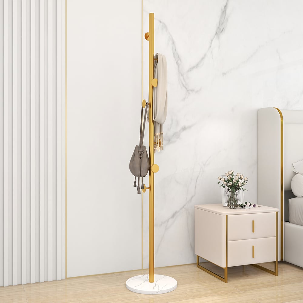 Coat Rack Brass Gold Round Hooks Entryway Freestanding Coat Hanger Marble Base - 