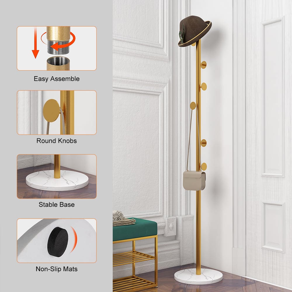 Coat Rack Brass Gold Round Hooks Entryway Freestanding Coat Hanger Marble Base - 