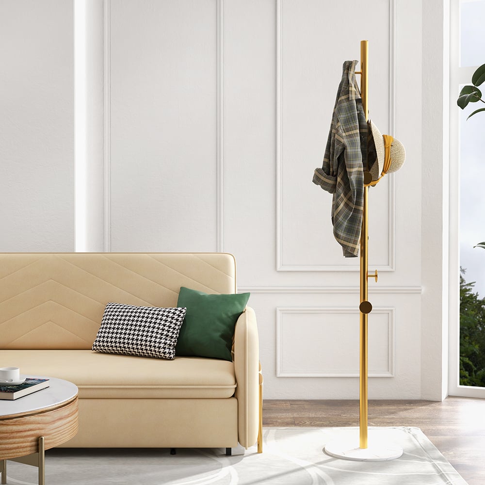 Coat Rack Brass Gold Round Hooks Entryway Freestanding Coat Hanger Marble Base - 