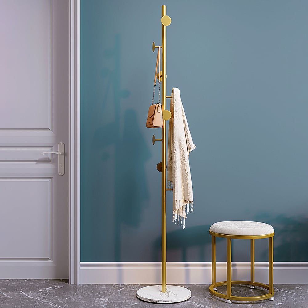 Coat Rack Brass Gold Round Hooks Entryway Freestanding Coat Hanger Marble Base - Homary