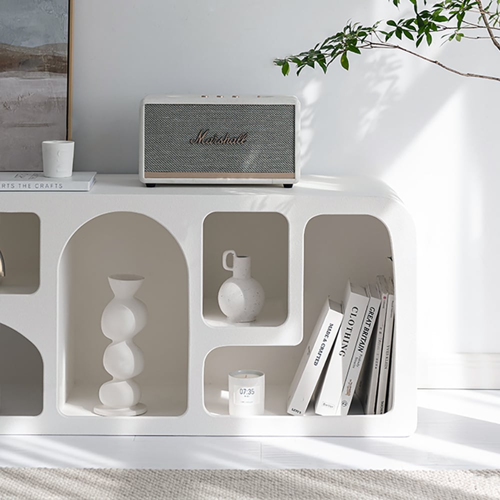 Codiys Art Deco Bookshelf Wood TV Stand in White with Shelves for TV Up to 1778mm - 