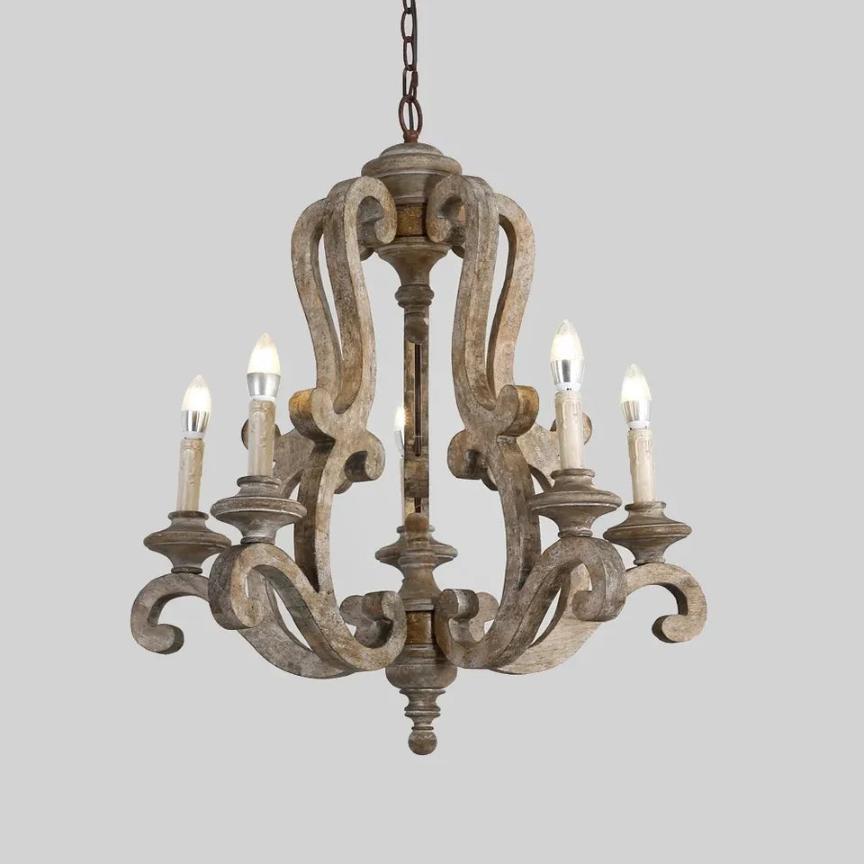 Cottage Style Distressed 5-Light Candelabra Chandelier with Scrolled Arms & Rust Canopy - 