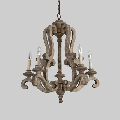 Cottage Style Distressed 5-Light Candelabra Chandelier with Scrolled Arms & Rust Canopy - 