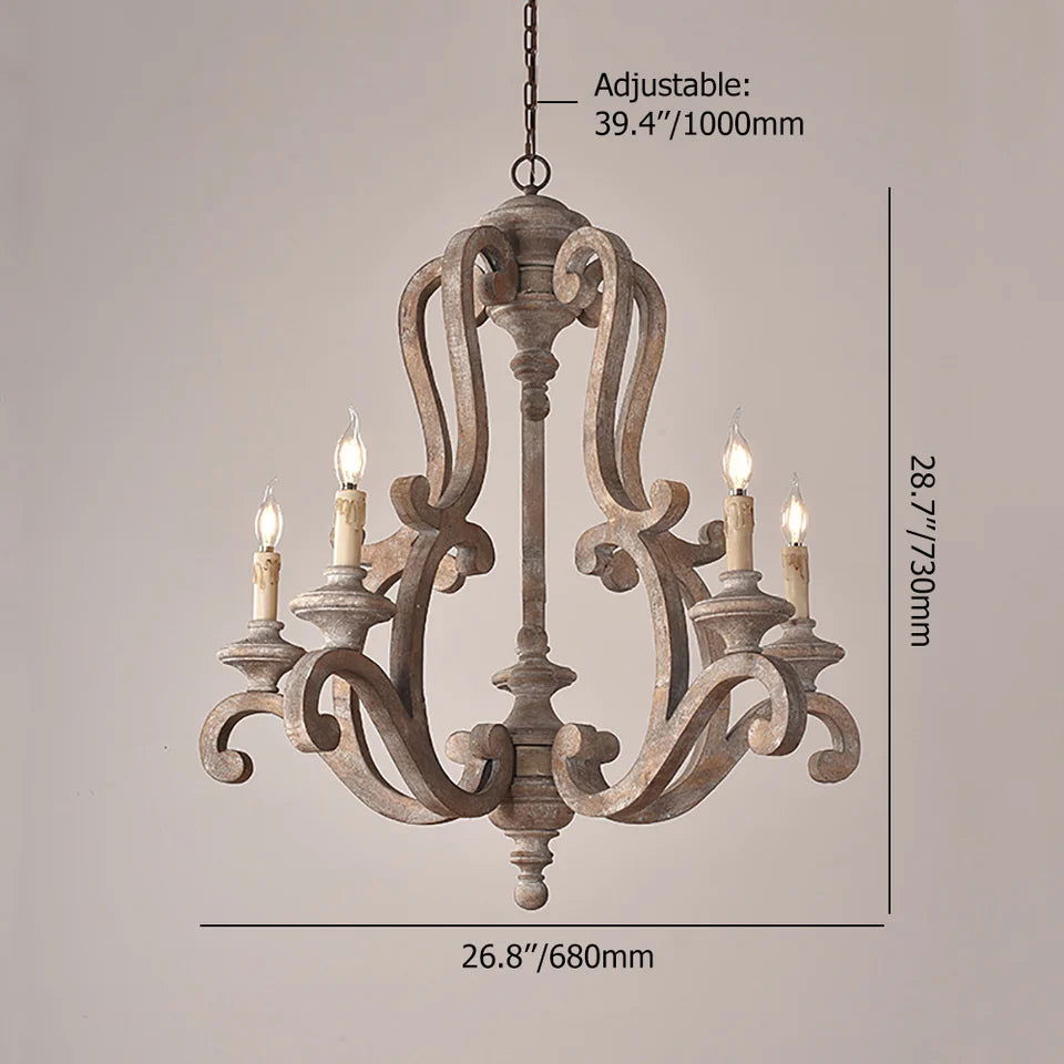 Cottage Style Distressed 5-Light Candelabra Chandelier with Scrolled Arms & Rust Canopy - 