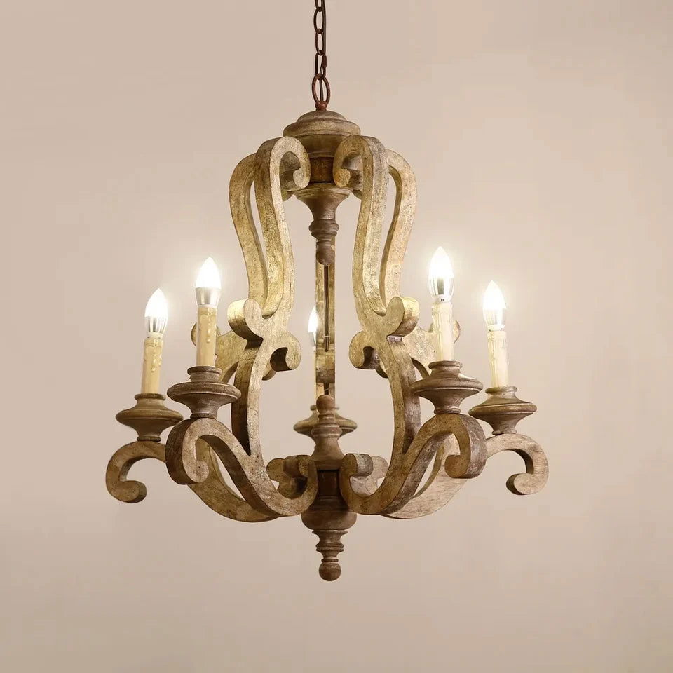 Cottage Style Distressed 5-Light Candelabra Chandelier with Scrolled Arms & Rust Canopy - Homary