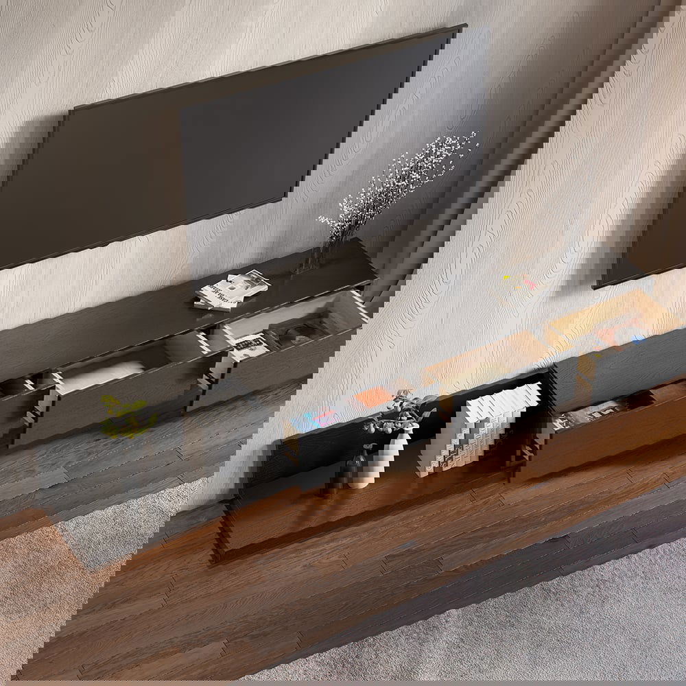 Crator Rectangle Wood Extendable TV Stand Black Media Console with 3-Drawer - 