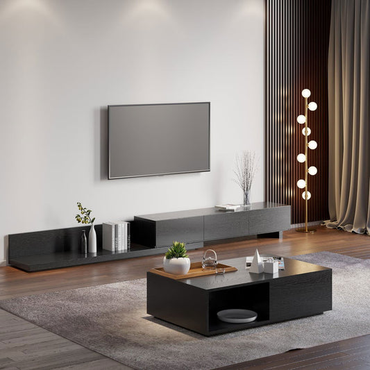 Crator Rectangle Wood Extendable TV Stand Black Media Console with 3-Drawer - Approved By Design