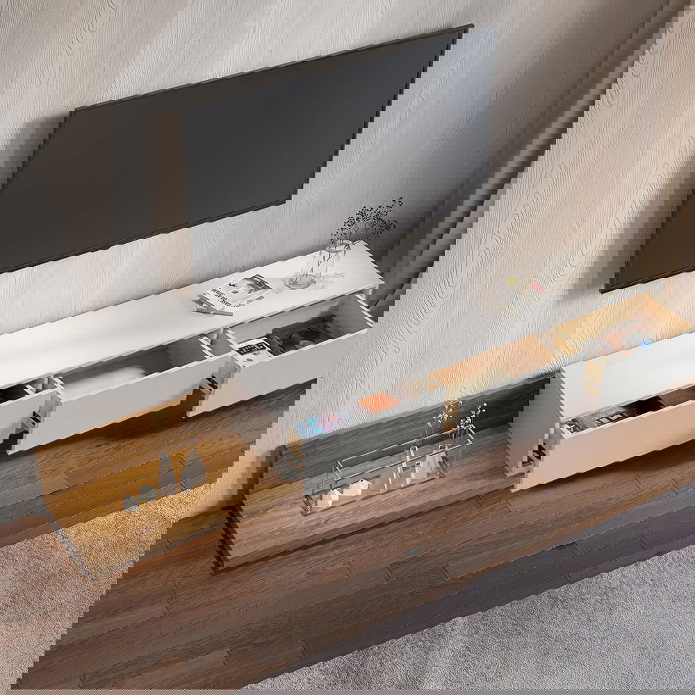 Crator Rectangle Wood Extendable TV Stand White and Walnut Media Console with 3-Drawer - Approved By Design