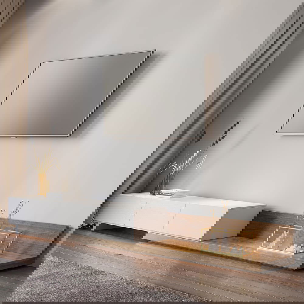 Crator Rectangle Wood Extendable TV Stand White and Walnut Media Console with 3-Drawer - Approved By Design