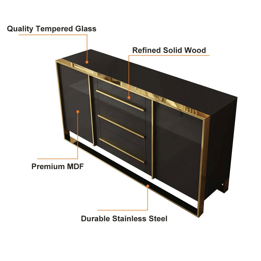 Cylina 1500mm Glossy Black Buffet & Sideboard with 3 Drawers & 2 Doors - 