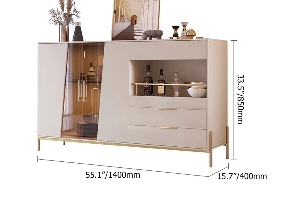 Dolawn 1400mm Light Khaki Sideboard Buffet Tempered Glass Doors & Shelf Tray Wine Rack - 