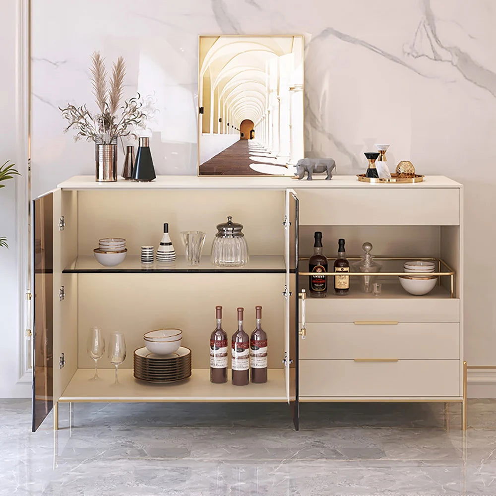 Dolawn 1400mm Light Khaki Sideboard Buffet Tempered Glass Doors & Shelf Tray Wine Rack - Homary