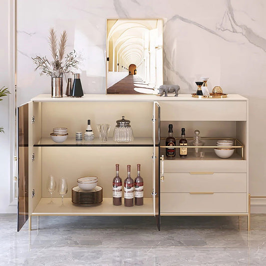 Dolawn 1400mm Light Khaki Sideboard Buffet Tempered Glass Doors & Shelf Tray Wine Rack - Homary