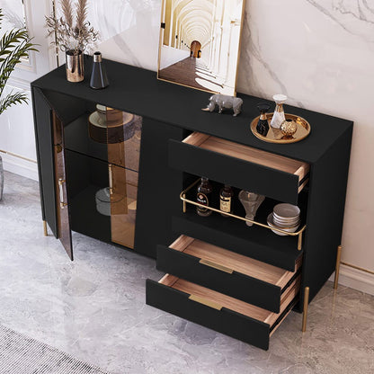 Dolawn Modern 1400mm Black Sideboard Buffet Tempered Glass Doors & Shelf Tray Wine Rack - 
