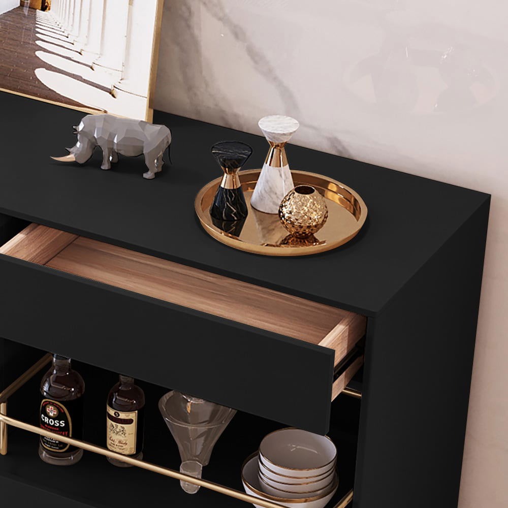 Dolawn Modern 1400mm Black Sideboard Buffet Tempered Glass Doors & Shelf Tray Wine Rack - 