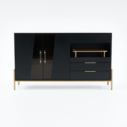 Dolawn Modern 1400mm Black Sideboard Buffet Tempered Glass Doors & Shelf Tray Wine Rack - 