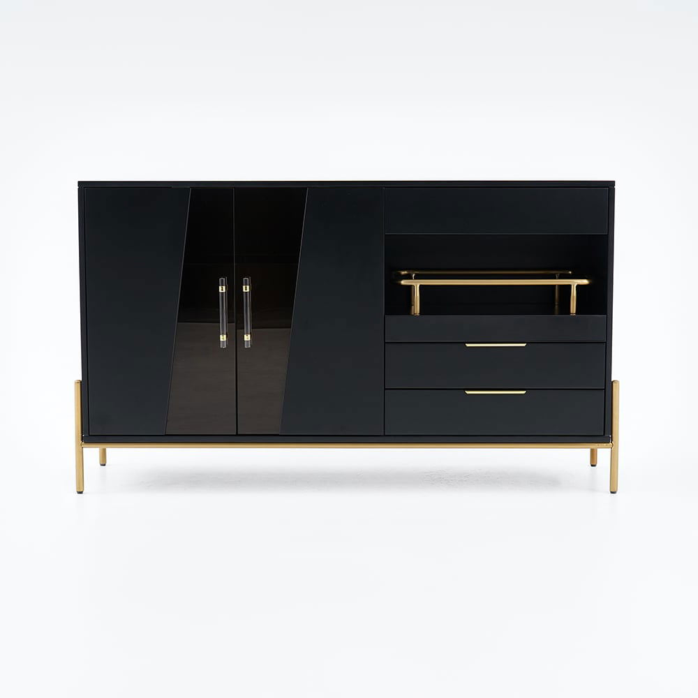 Dolawn Modern 1400mm Black Sideboard Buffet Tempered Glass Doors & Shelf Tray Wine Rack - 