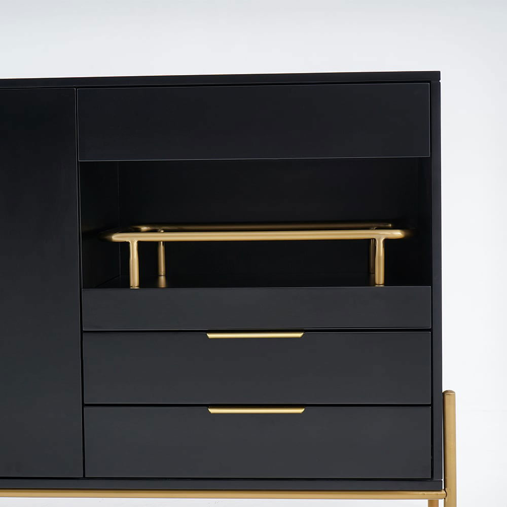 Dolawn Modern 1400mm Black Sideboard Buffet Tempered Glass Doors & Shelf Tray Wine Rack - 