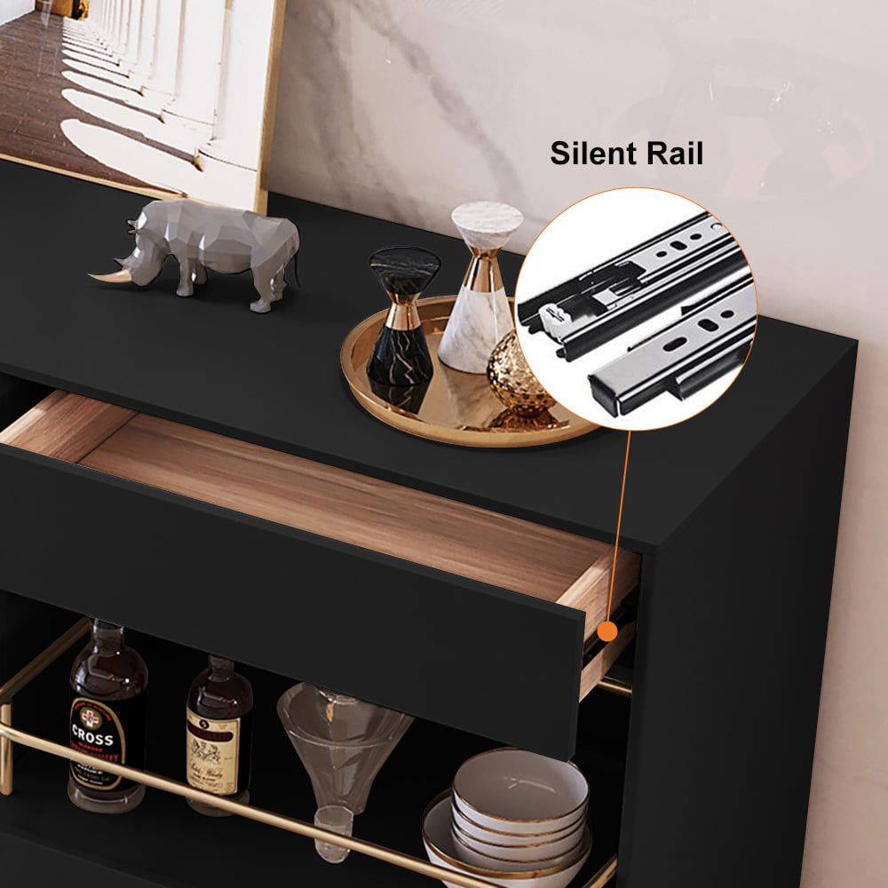 Dolawn Modern 1400mm Black Sideboard Buffet Tempered Glass Doors & Shelf Tray Wine Rack - 