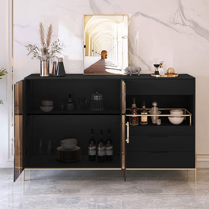 Dolawn Modern 1400mm Black Sideboard Buffet Tempered Glass Doors & Shelf Tray Wine Rack - 