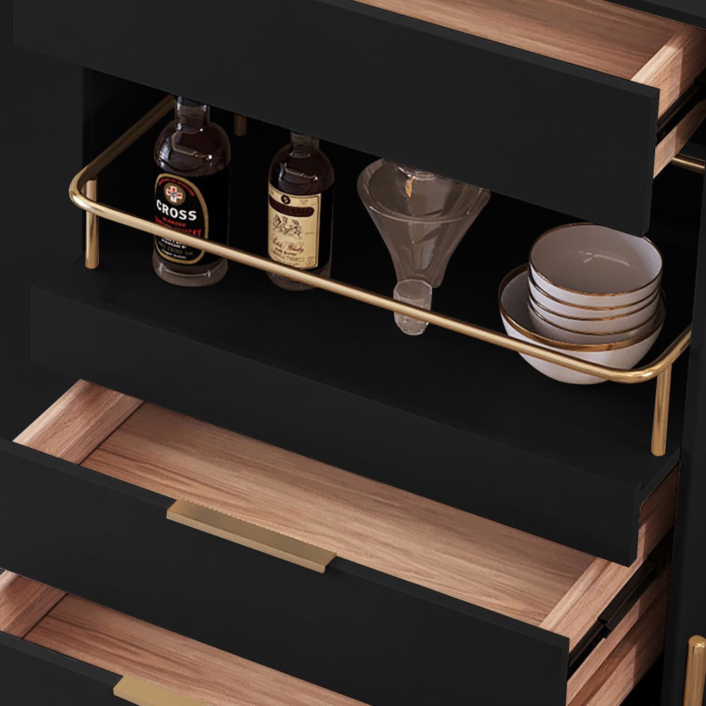 Dolawn Modern 1400mm Black Sideboard Buffet Tempered Glass Doors & Shelf Tray Wine Rack - 