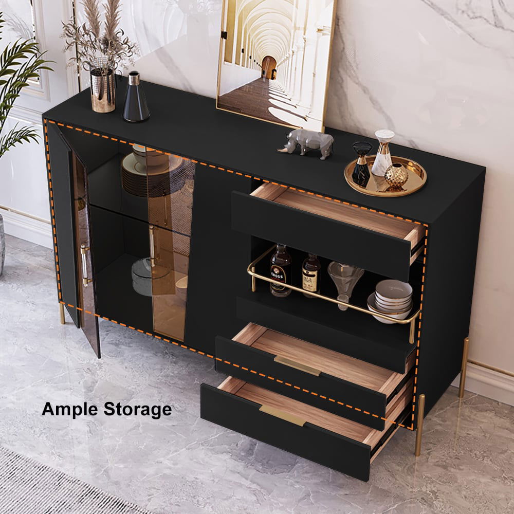 Dolawn Modern 1400mm Black Sideboard Buffet Tempered Glass Doors & Shelf Tray Wine Rack - 